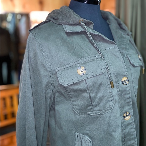 New Olive Cargo Jacket Button Hoodie Coat - Picture 2 of 4